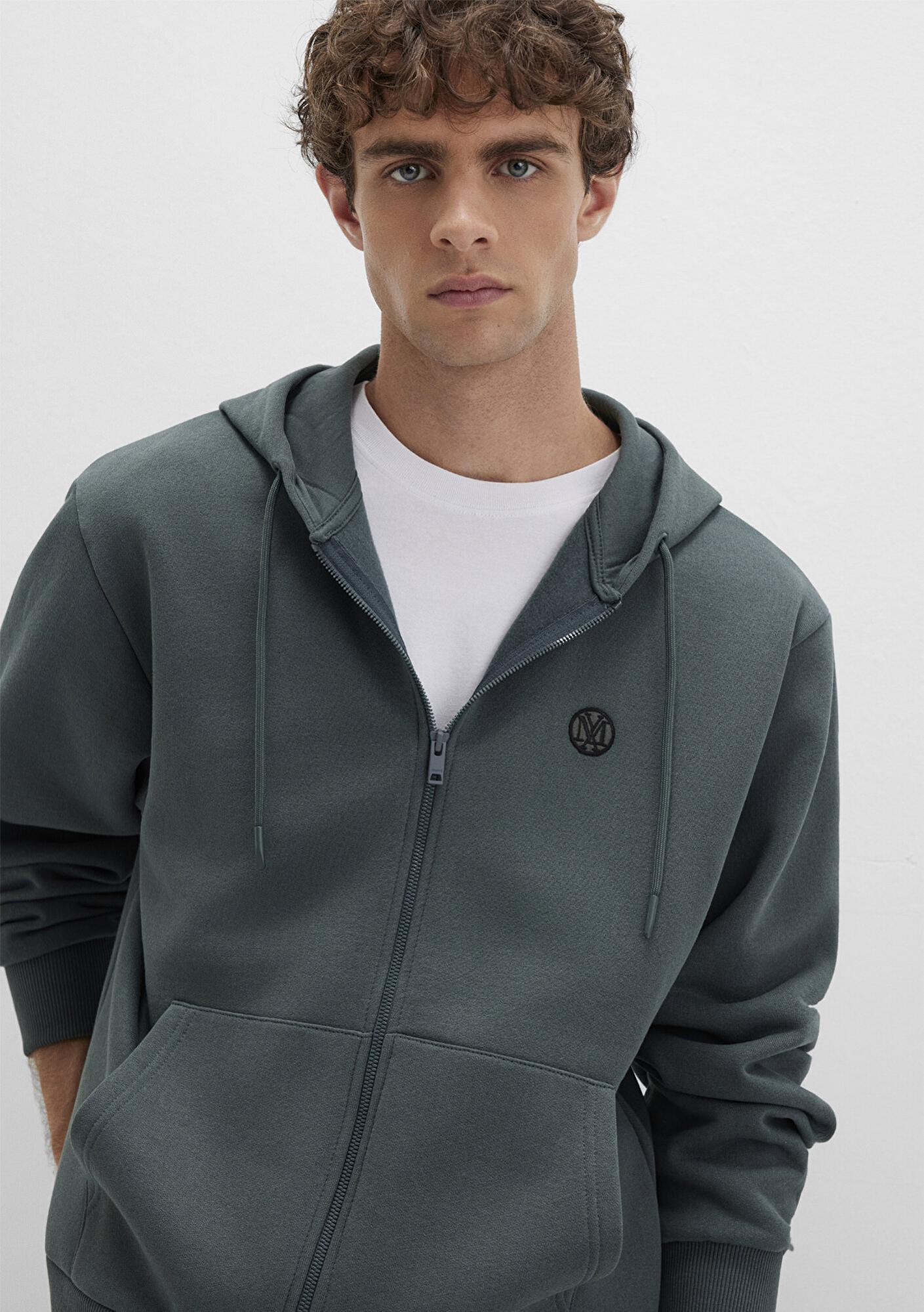 Mavi Mühür Logo Nakışlı Kapüşonlu Fermuarlı Yeşil Sweatshirt 066979-71598