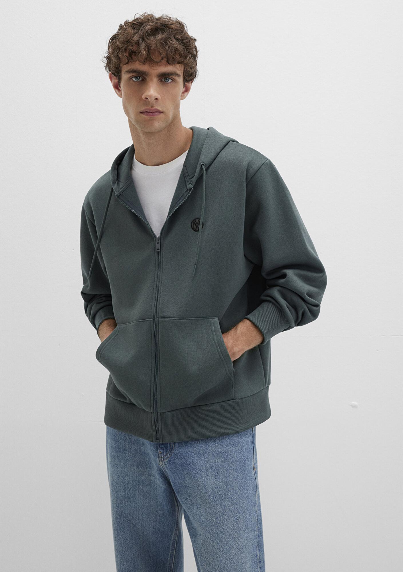 Mavi Mühür Logo Nakışlı Kapüşonlu Fermuarlı Yeşil Sweatshirt 066979-71598