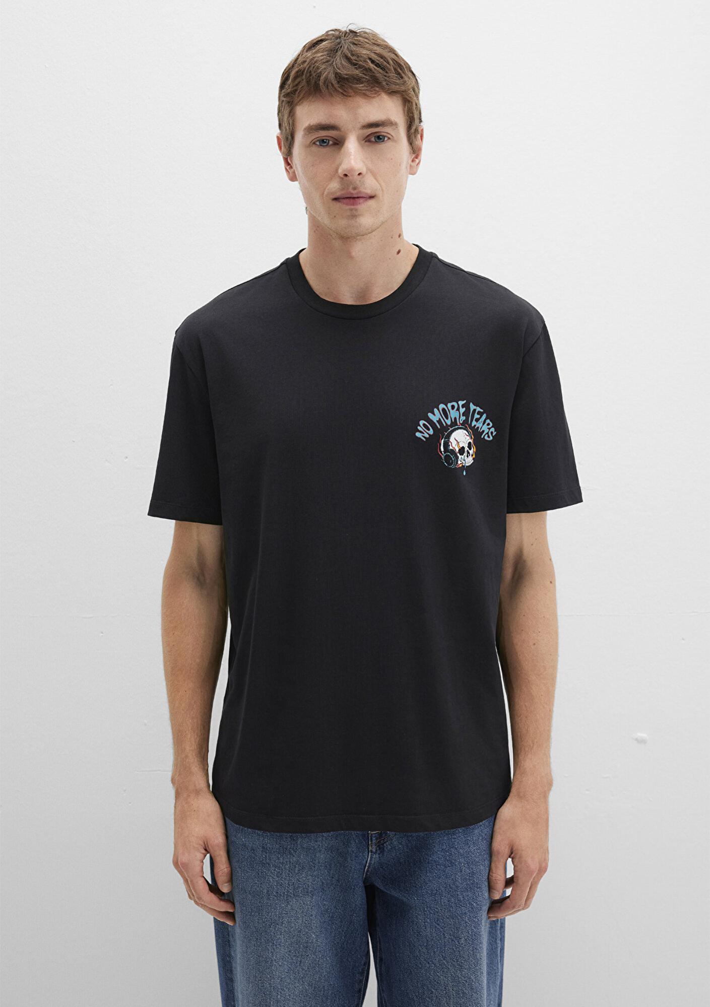 Mavi Kurukafa Baskılı Siyah Tişört Loose Fit / Bol Rahat Kesim 0612842-900