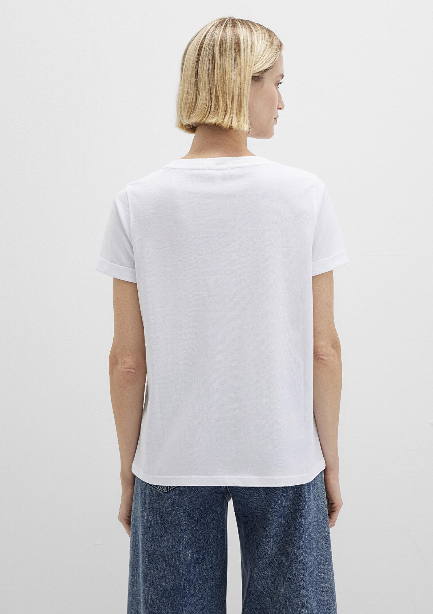 Mavi V Yaka Beyaz Basic Tişört Regular Fit / Normal Kesim 166248-620