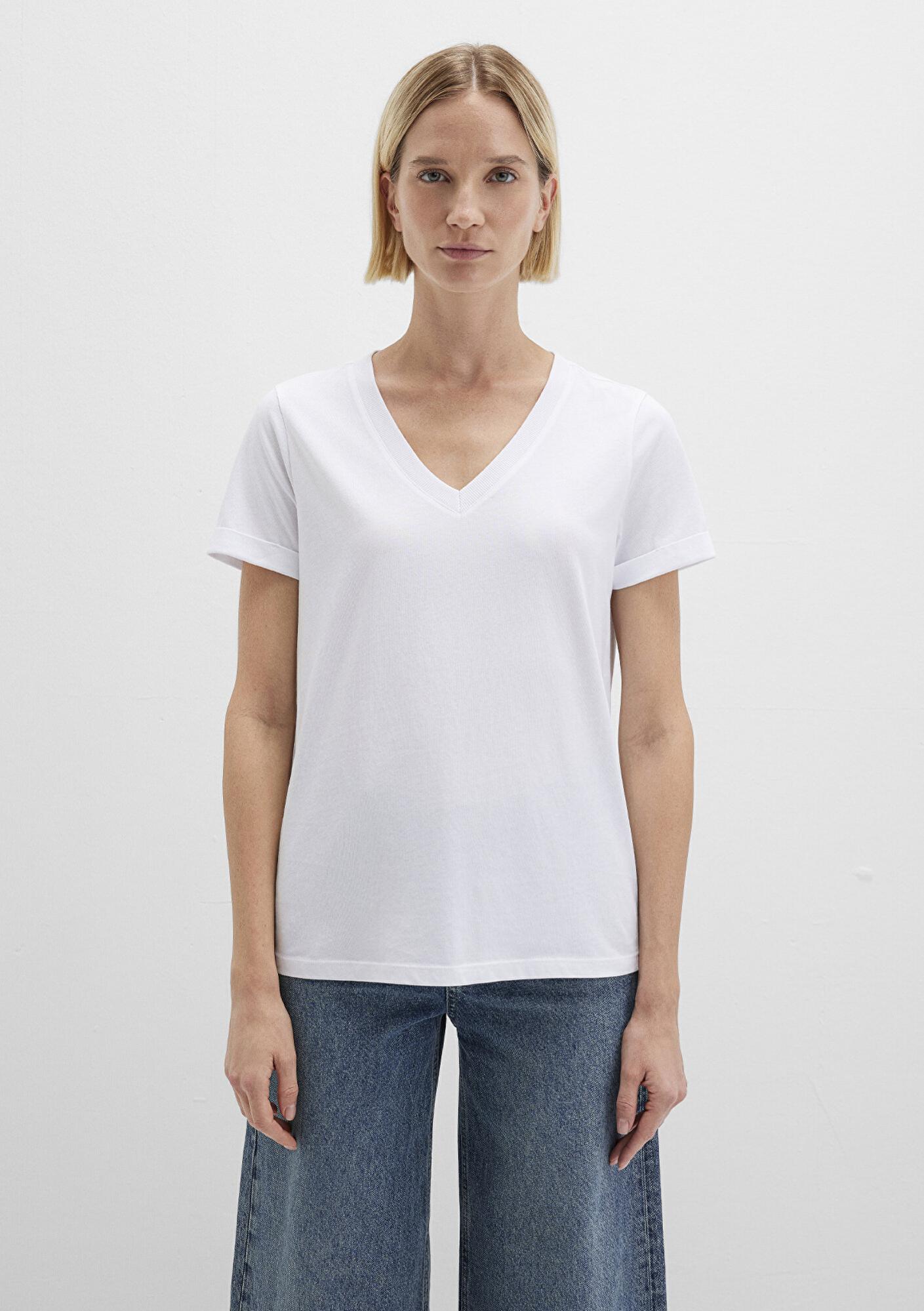 Mavi V Yaka Beyaz Basic Tişört Regular Fit / Normal Kesim 166248-620