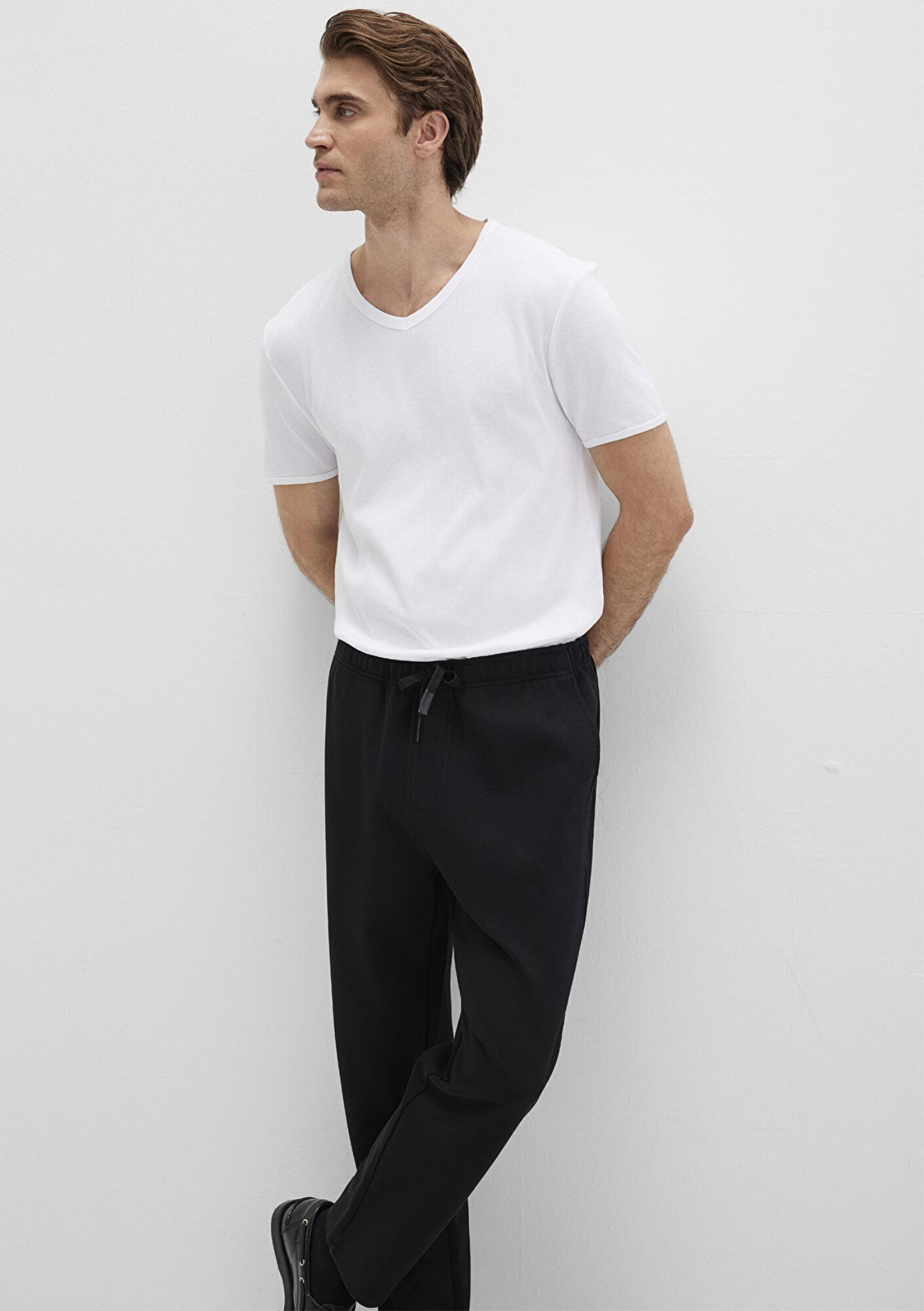 Mavi Ribana Detaylı V Yaka Beyaz Tişört Fitted / Vücuda Oturan Kesim 063748-620