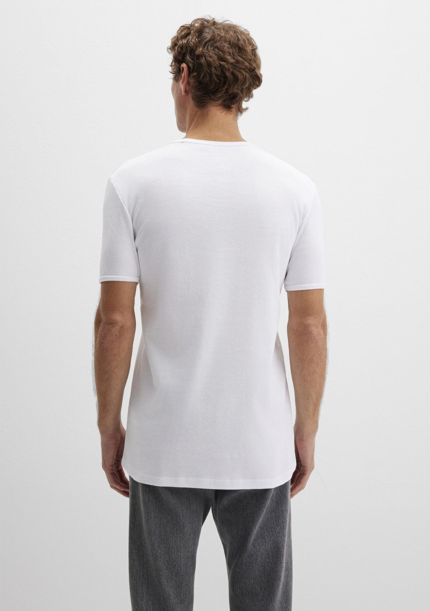 Mavi Ribana Detaylı Beyaz Tişört Fitted / Vücuda Oturan Kesim 063747-620