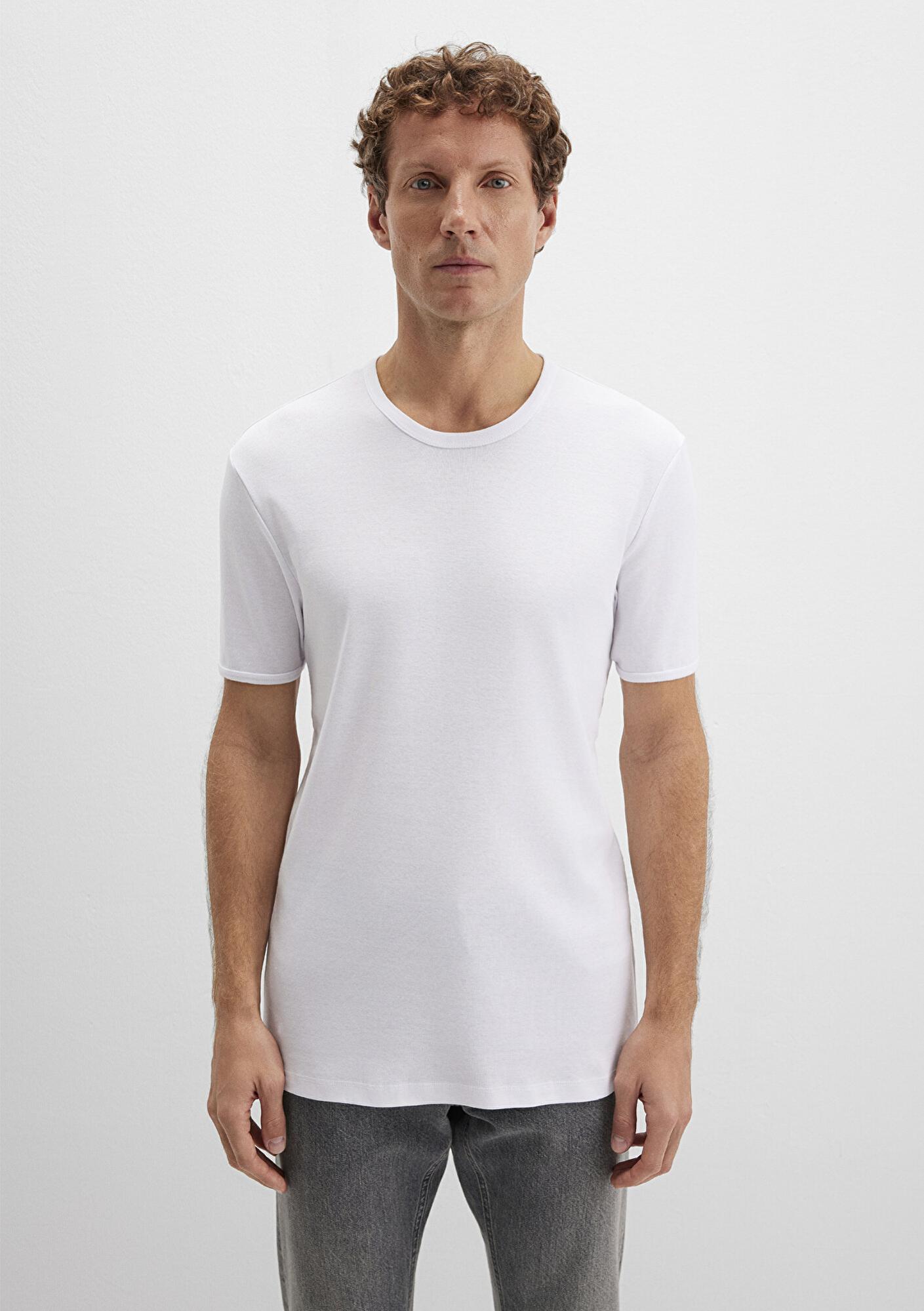 Mavi Ribana Detaylı Beyaz Tişört Fitted / Vücuda Oturan Kesim 063747-620