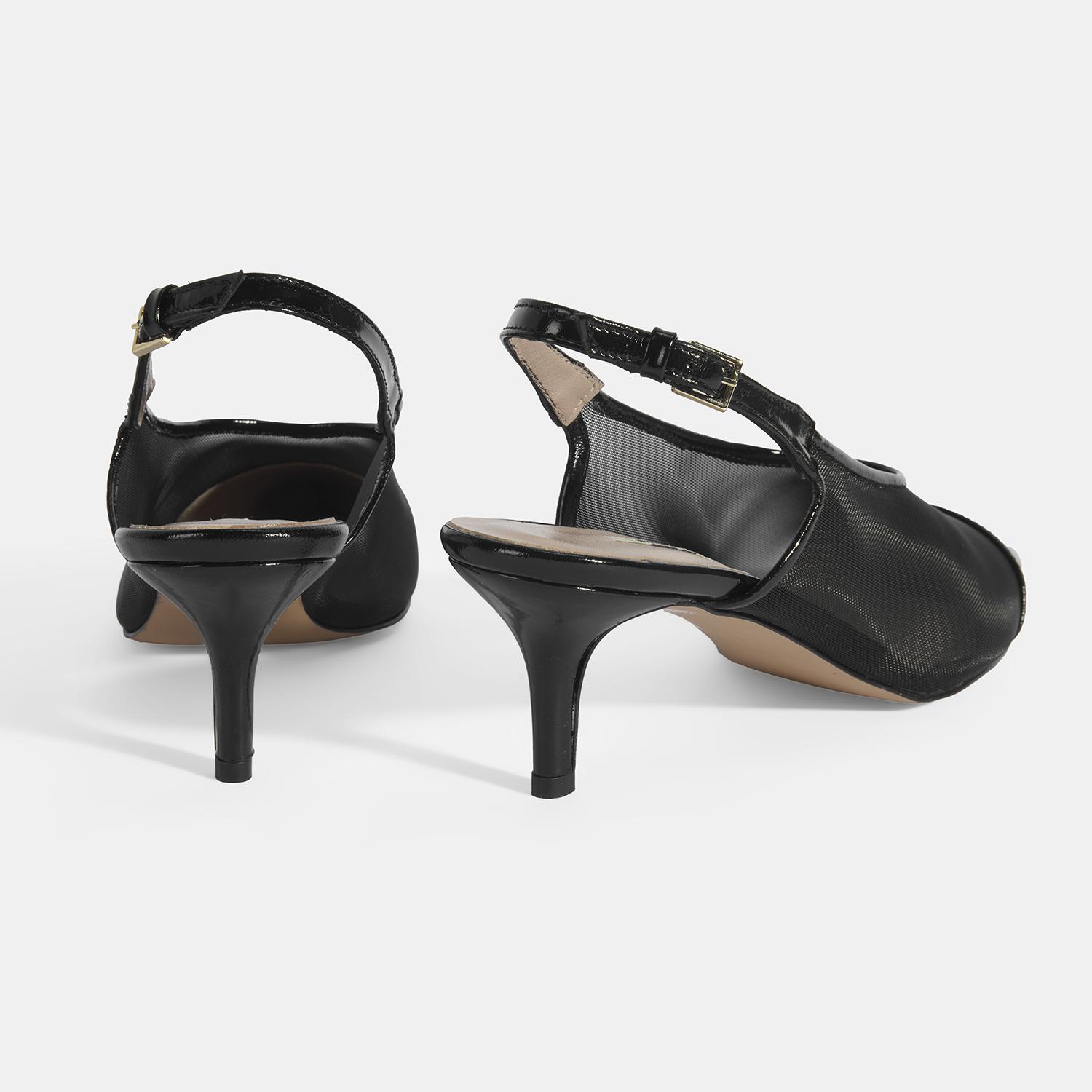 Kadın Siyah Fileli Ayarlanabilir Tokalı Rugan Topuklu Klasik Ayakkabı