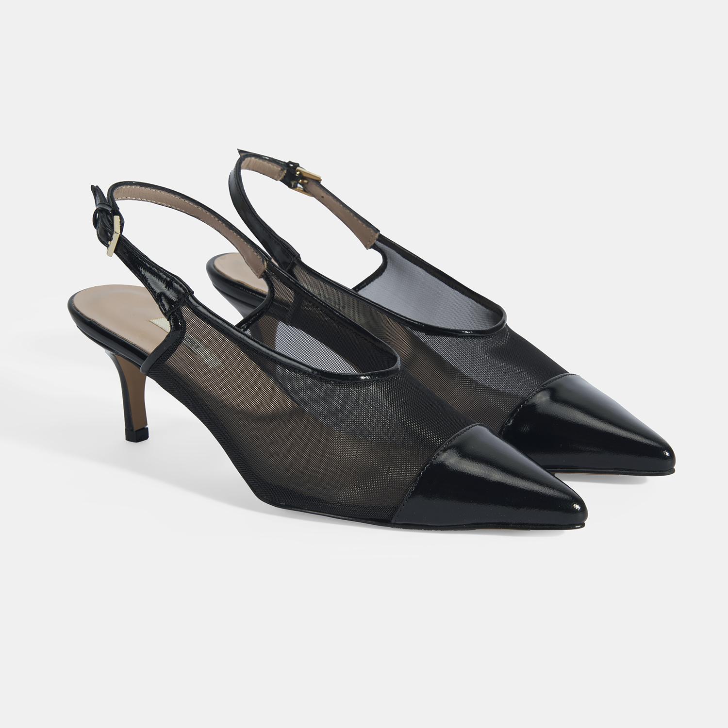 Kadın Siyah Fileli Ayarlanabilir Tokalı Rugan Topuklu Klasik Ayakkabı