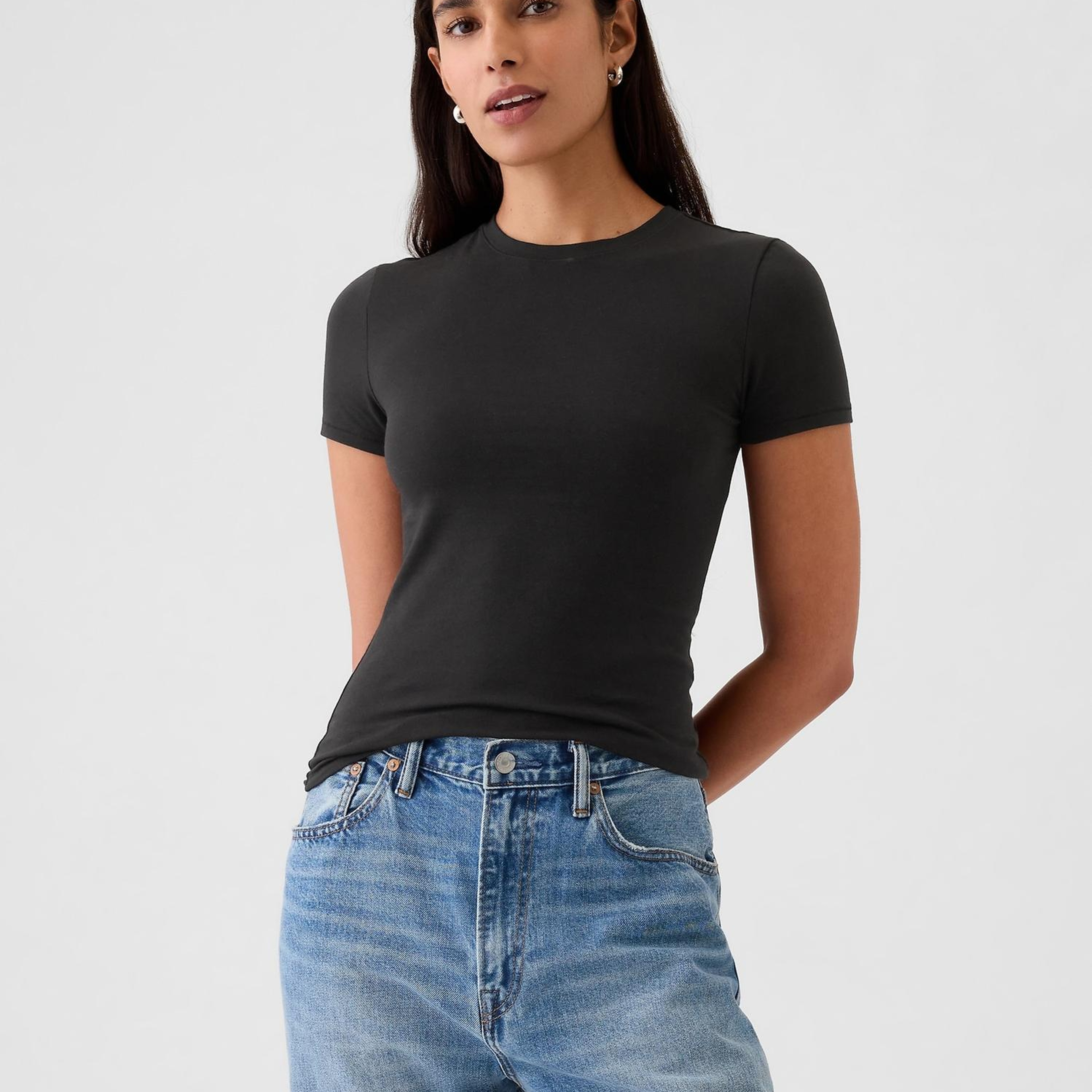 Kadın Siyah CloseKnit Jersey T-Shirt