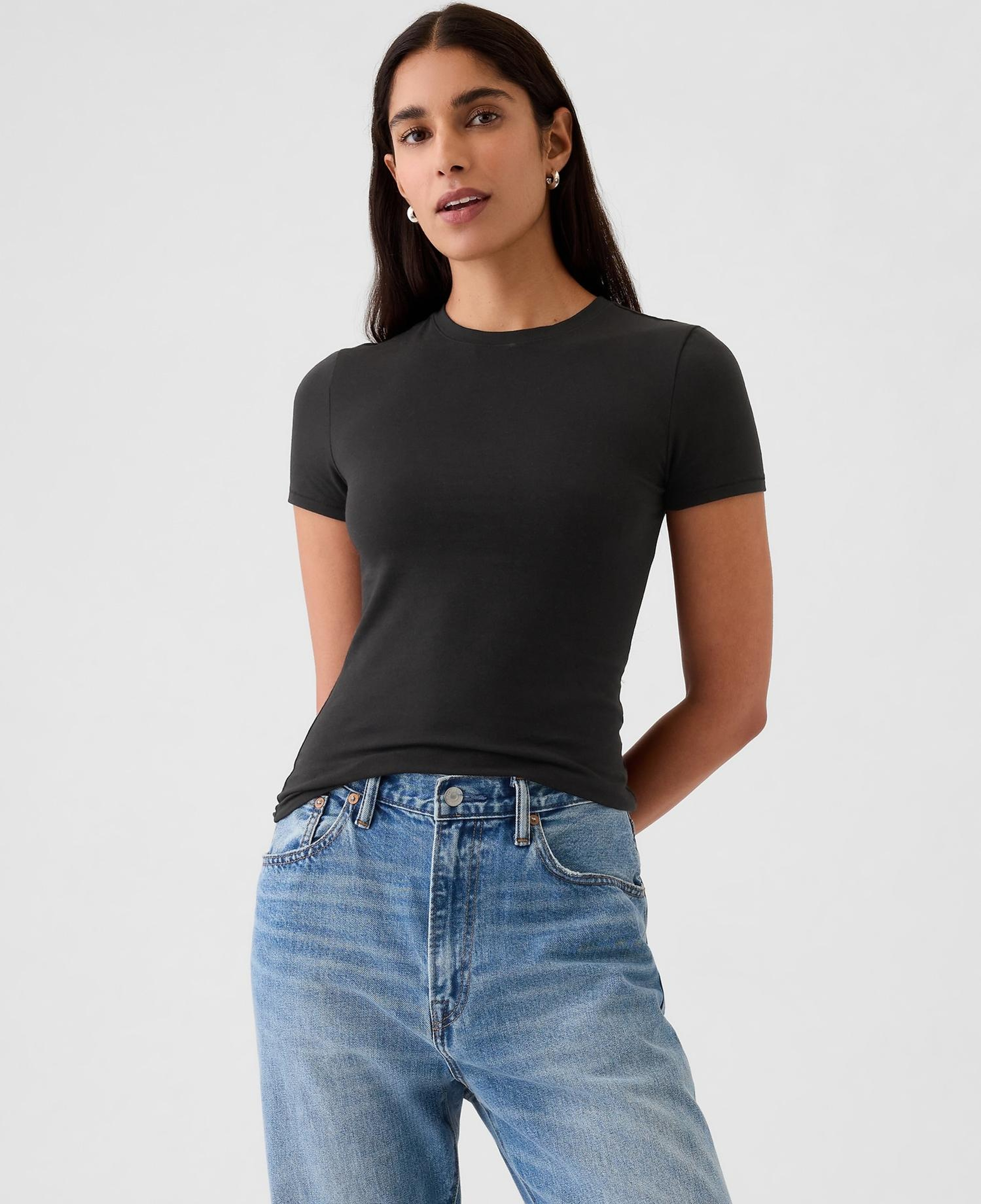 Kadın Siyah CloseKnit Jersey T-Shirt