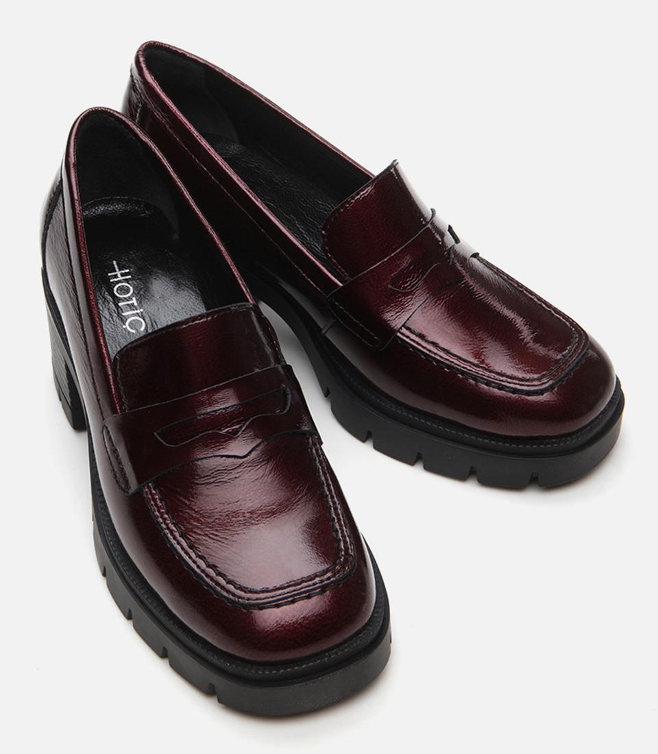 Kadın Rugan Deri Bordo Topuklu Klasik Loafer