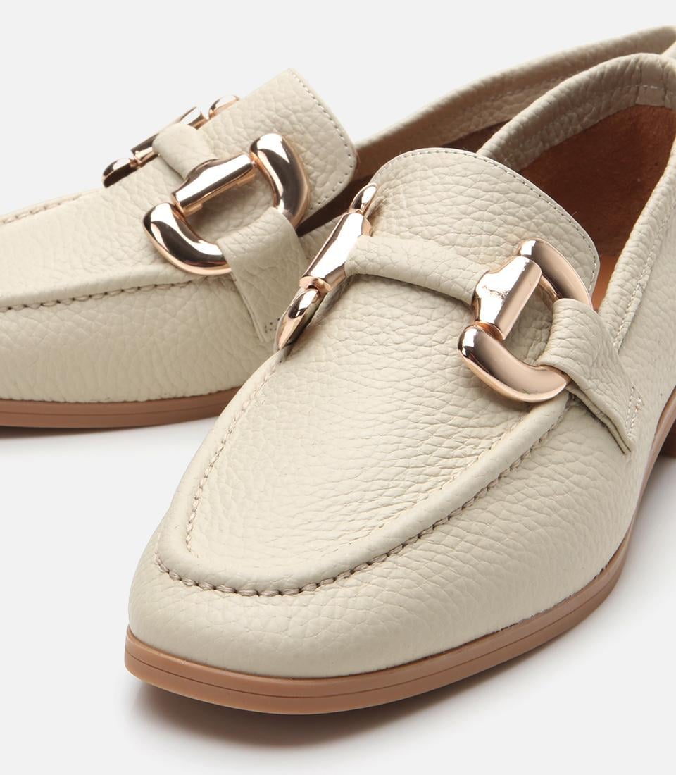 Kadın Deri Ekru Tokalı Günlük Loafer