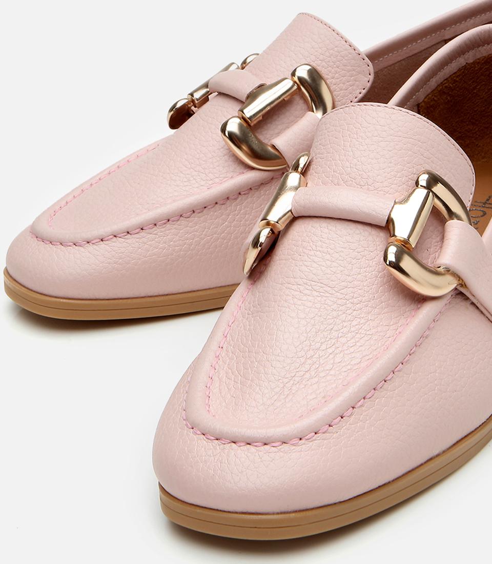 Kadın Deri Pembe Tokalı Günlük Loafer