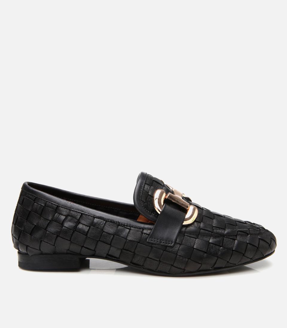 Kadın Deri Siyah Örgü Detaylı Tokalı Klasik Loafer