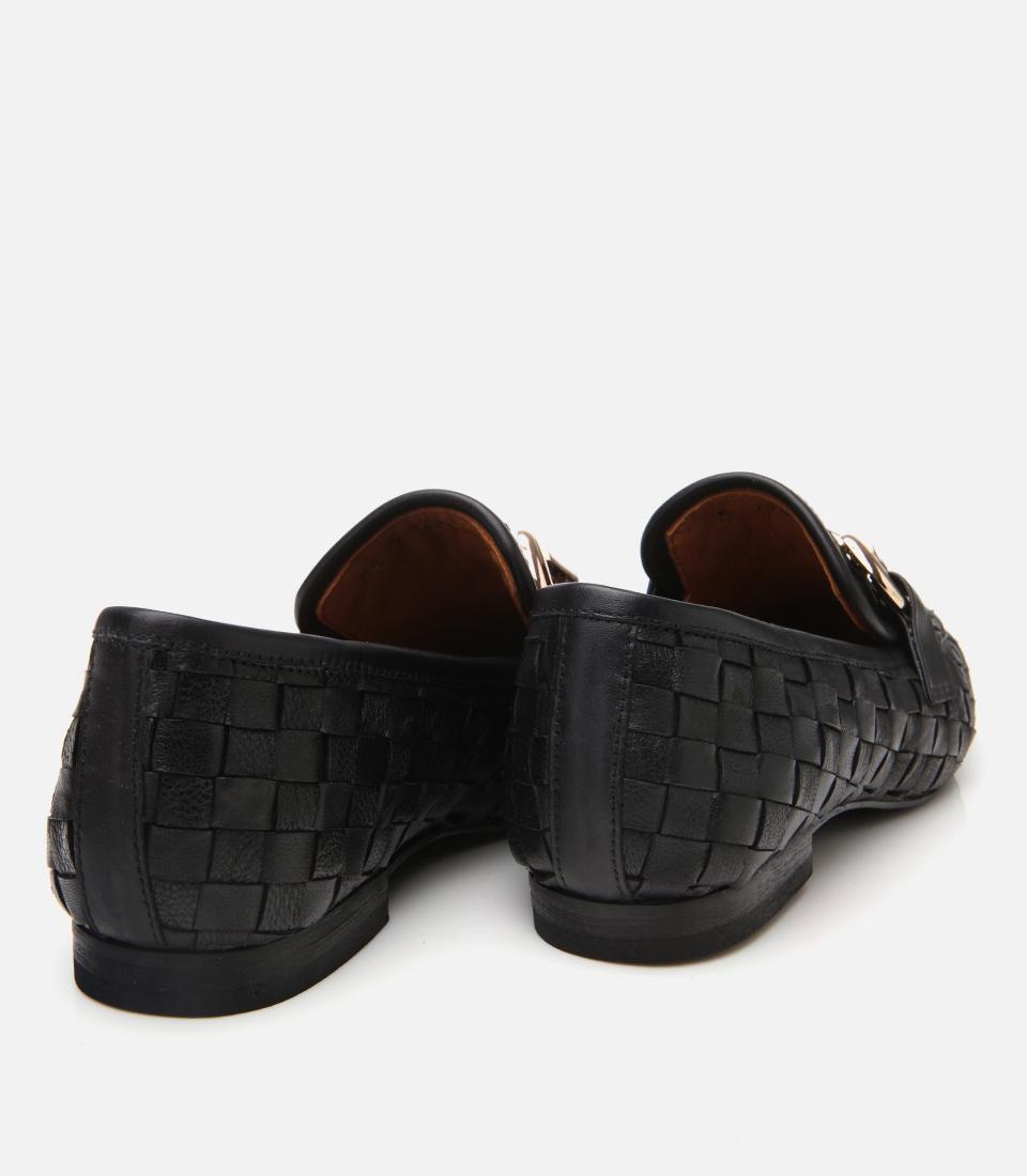 Kadın Deri Siyah Örgü Detaylı Tokalı Klasik Loafer