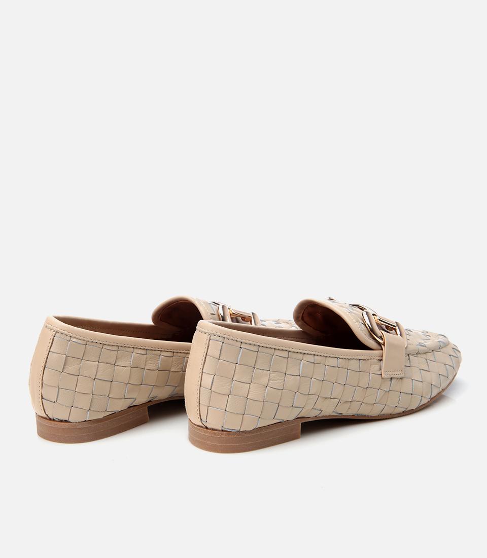 Kadın Deri Bej Örgü Detaylı Tokalı Klasik Loafer