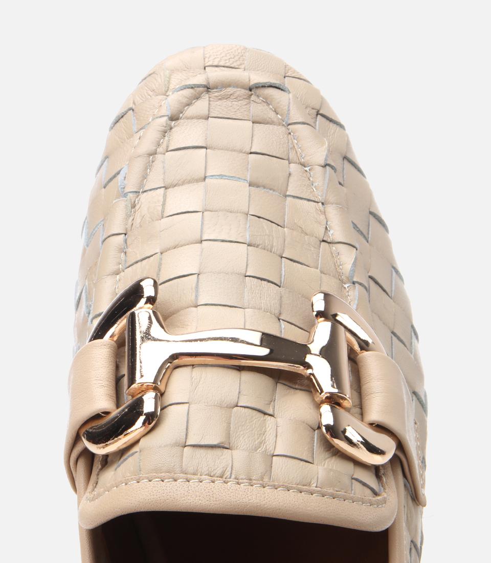 Kadın Deri Bej Örgü Detaylı Tokalı Klasik Loafer