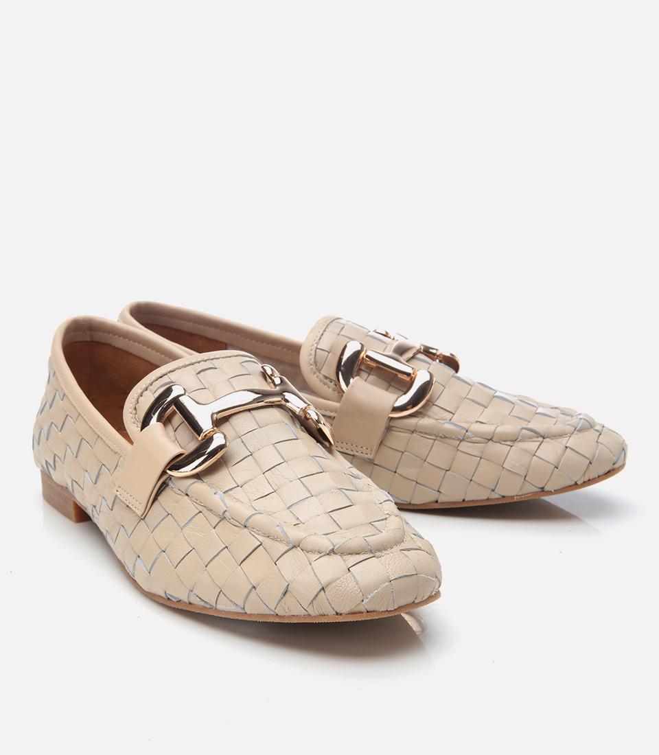 Kadın Deri Bej Örgü Detaylı Tokalı Klasik Loafer