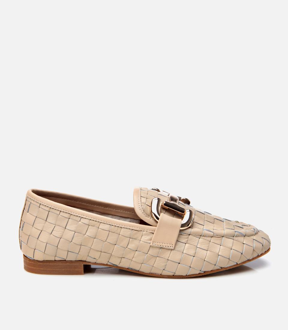 Kadın Deri Bej Örgü Detaylı Tokalı Klasik Loafer