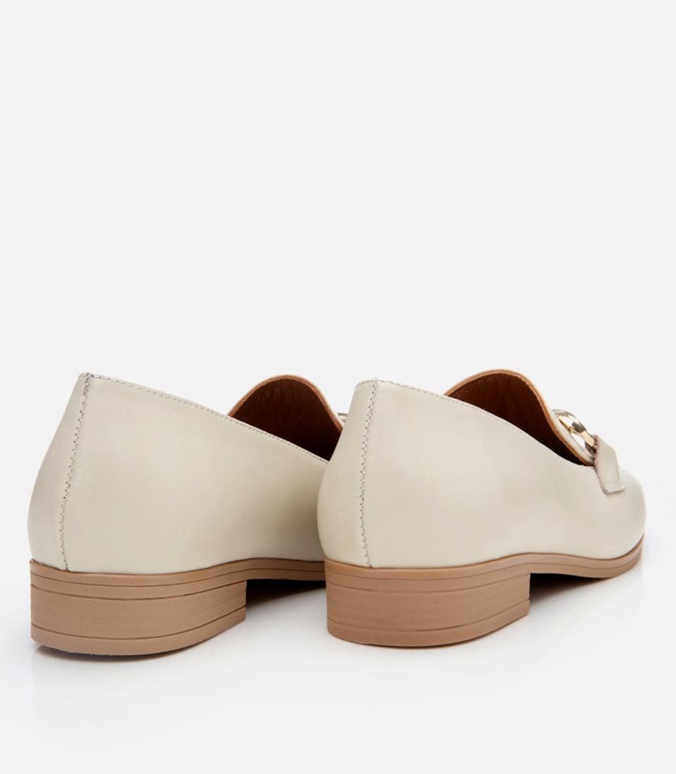 Kadın Deri Ekru Tokalı Klasik Loafer