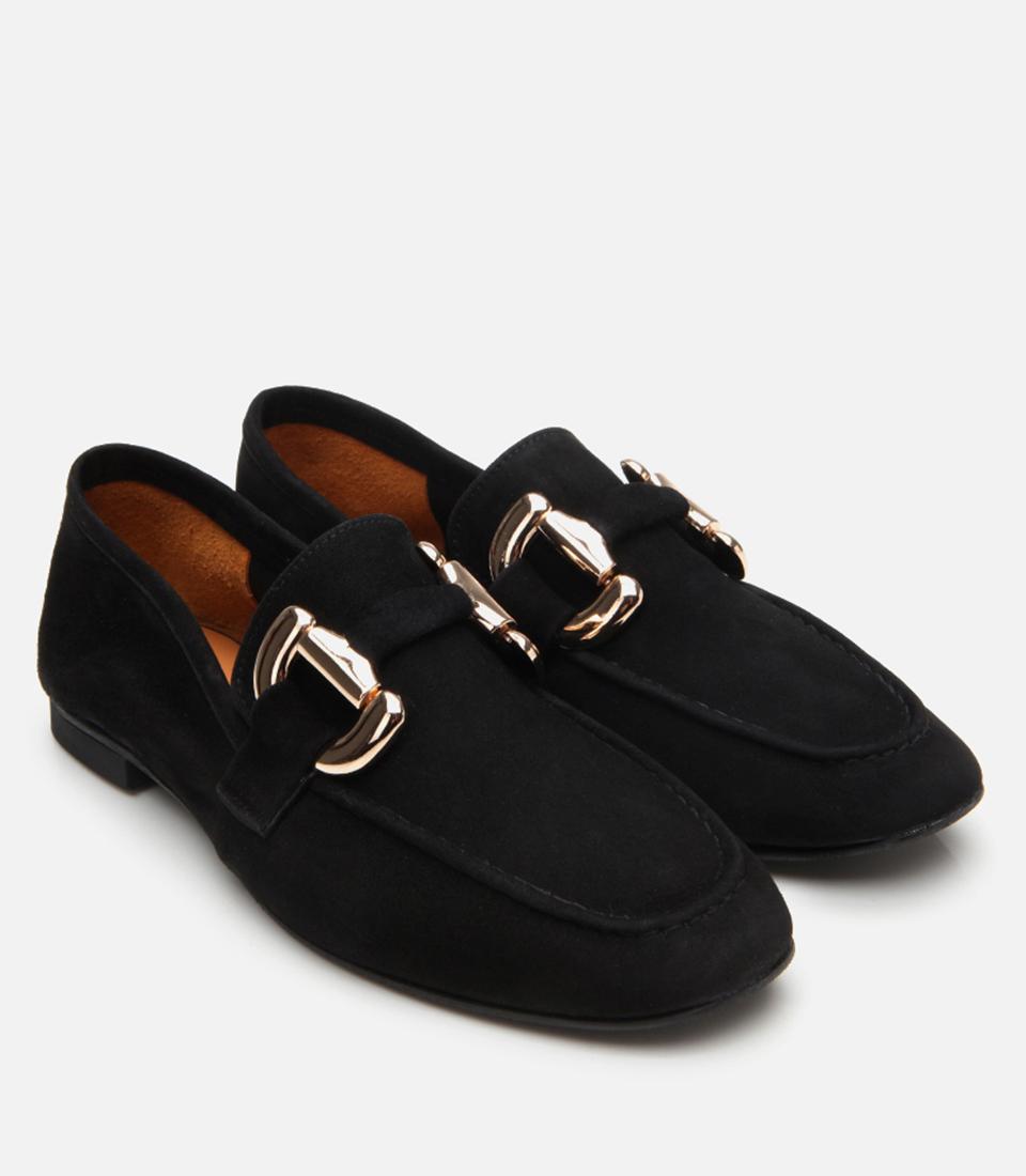 Kadın Süet Deri Siyah Tokalı Günlük Loafer