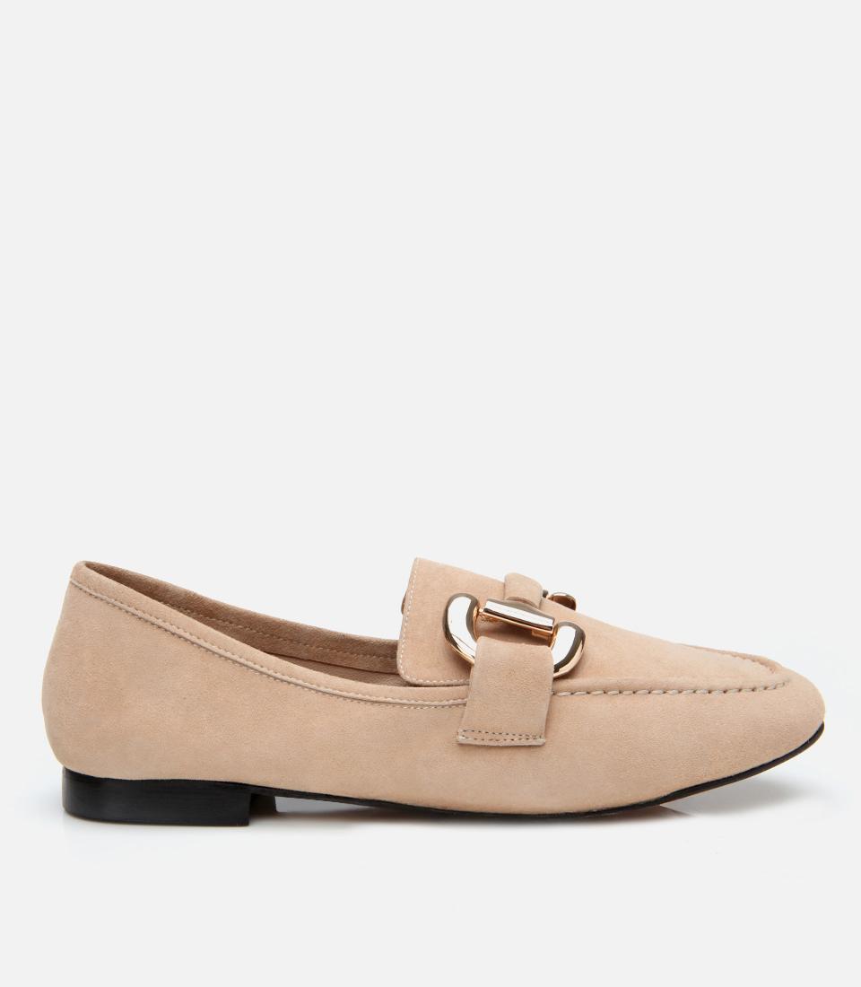 Kadın Süet Deri Bej Tokalı Günlük Loafer