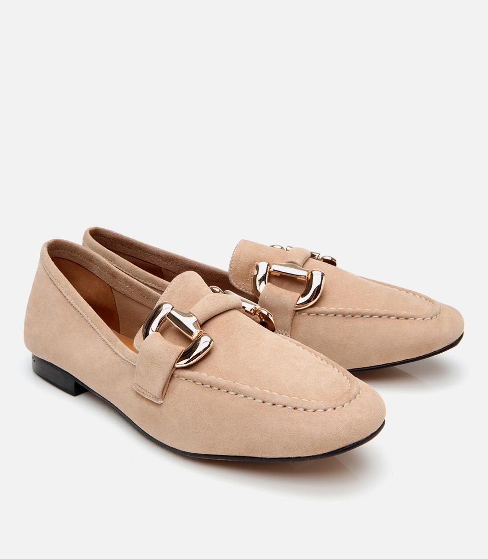 Kadın Süet Deri Bej Tokalı Günlük Loafer
