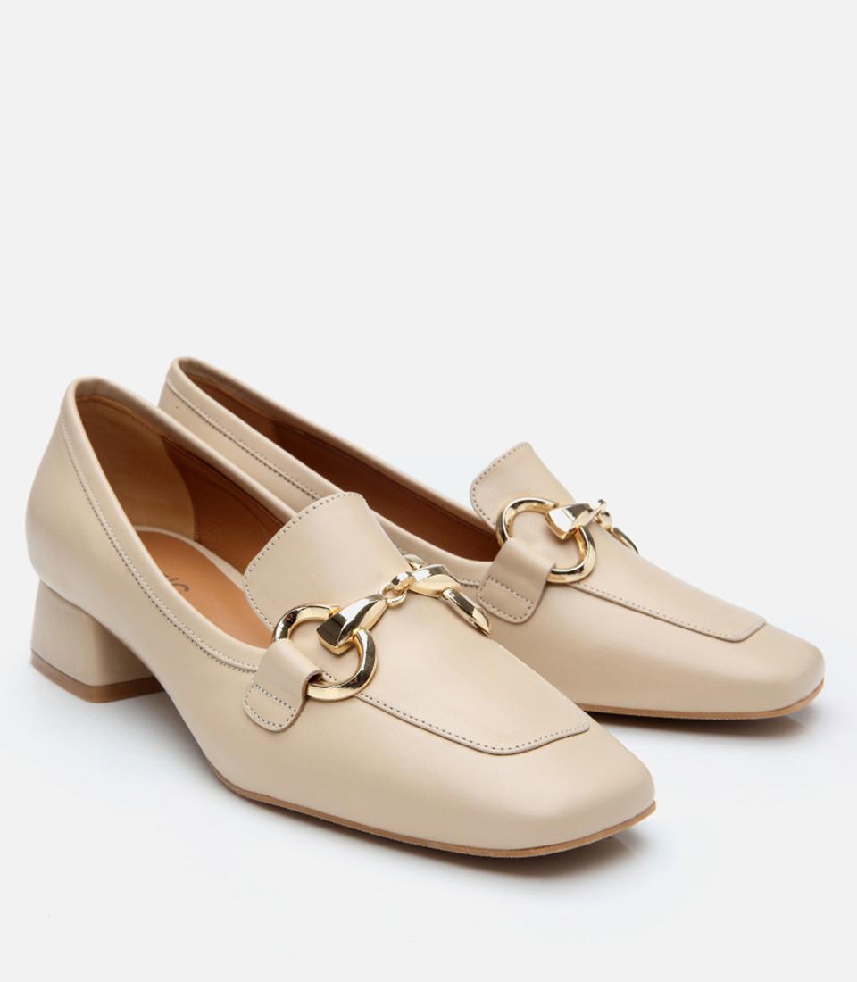 Kadın Deri Bej Tokalı Kalın Topuklu Klasik Loafer
