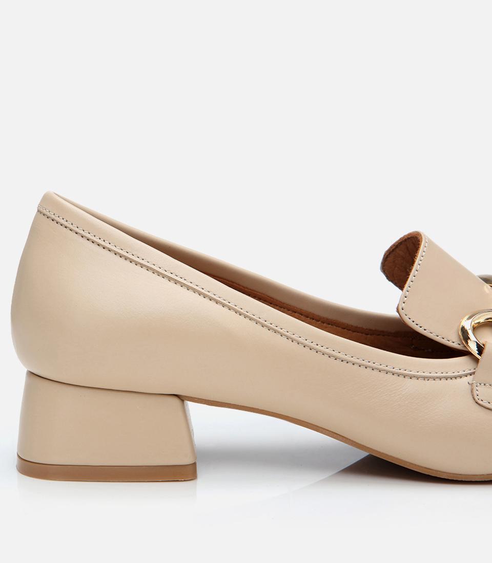 Kadın Deri Bej Tokalı Kalın Topuklu Klasik Loafer