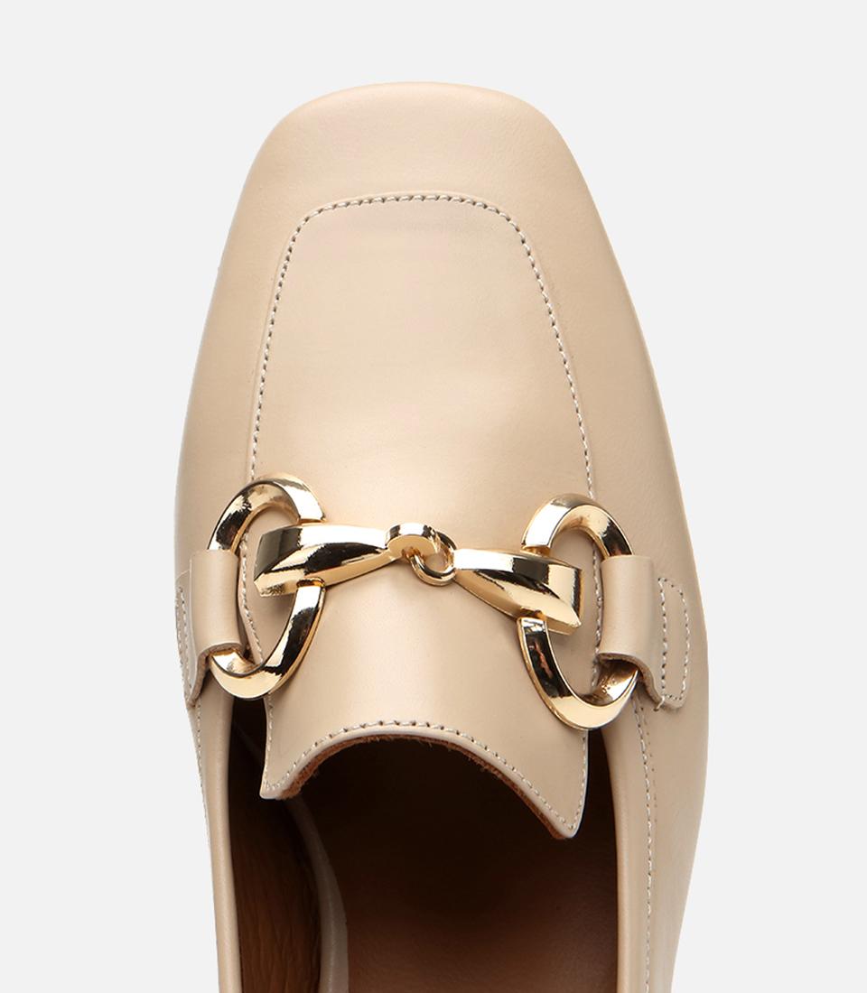 Kadın Deri Bej Tokalı Kalın Topuklu Klasik Loafer