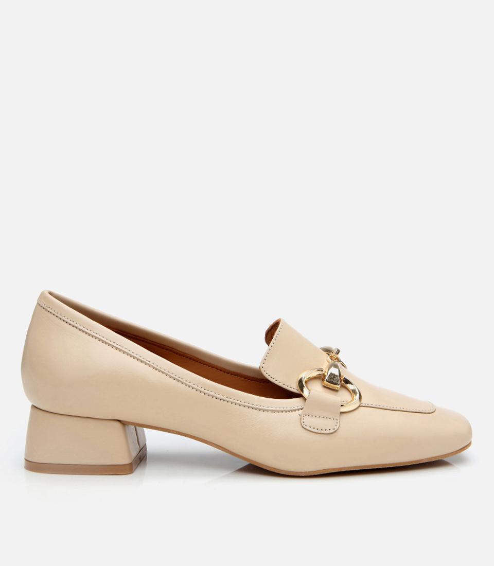 Kadın Deri Bej Tokalı Kalın Topuklu Klasik Loafer