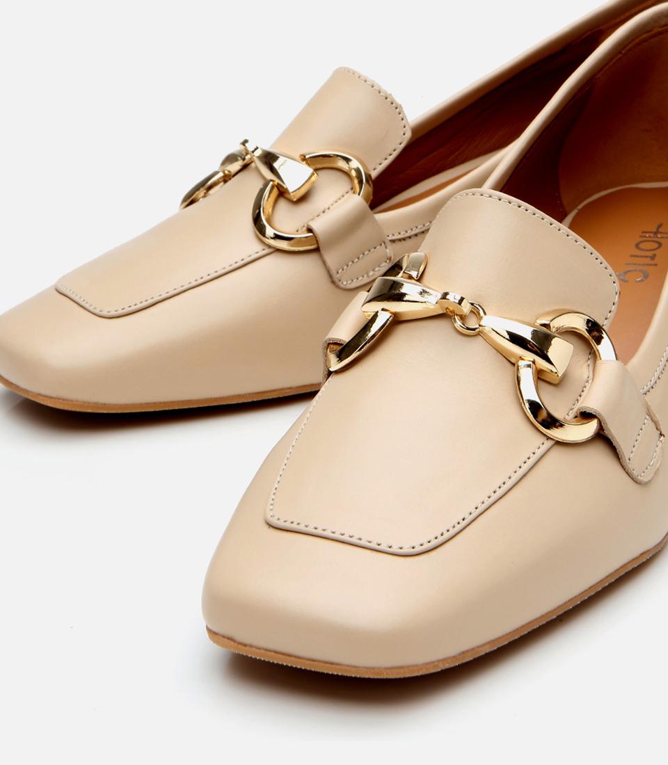 Kadın Deri Bej Tokalı Kalın Topuklu Klasik Loafer