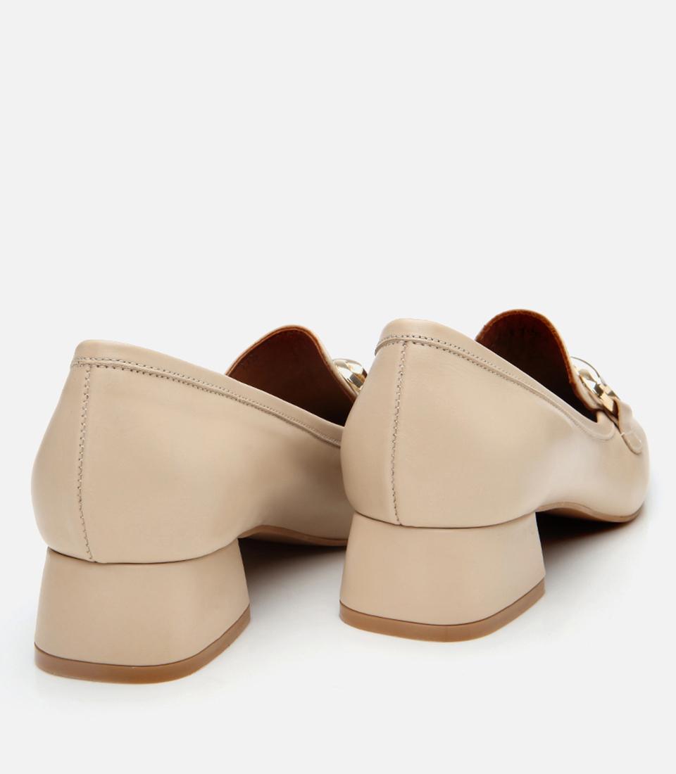 Kadın Deri Bej Tokalı Kalın Topuklu Klasik Loafer