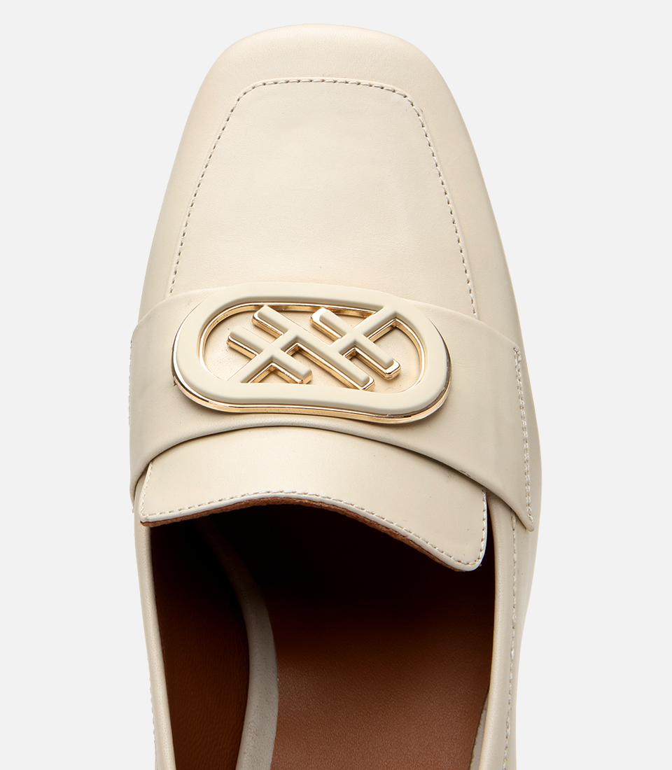 Kadın Deri Ekru Tokalı Kalın Topuklu Klasik Loafer