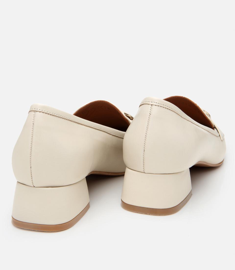 Kadın Deri Ekru Tokalı Kalın Topuklu Klasik Loafer