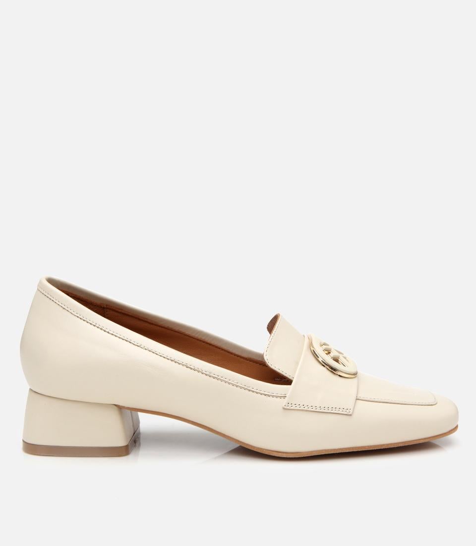 Kadın Deri Ekru Tokalı Kalın Topuklu Klasik Loafer