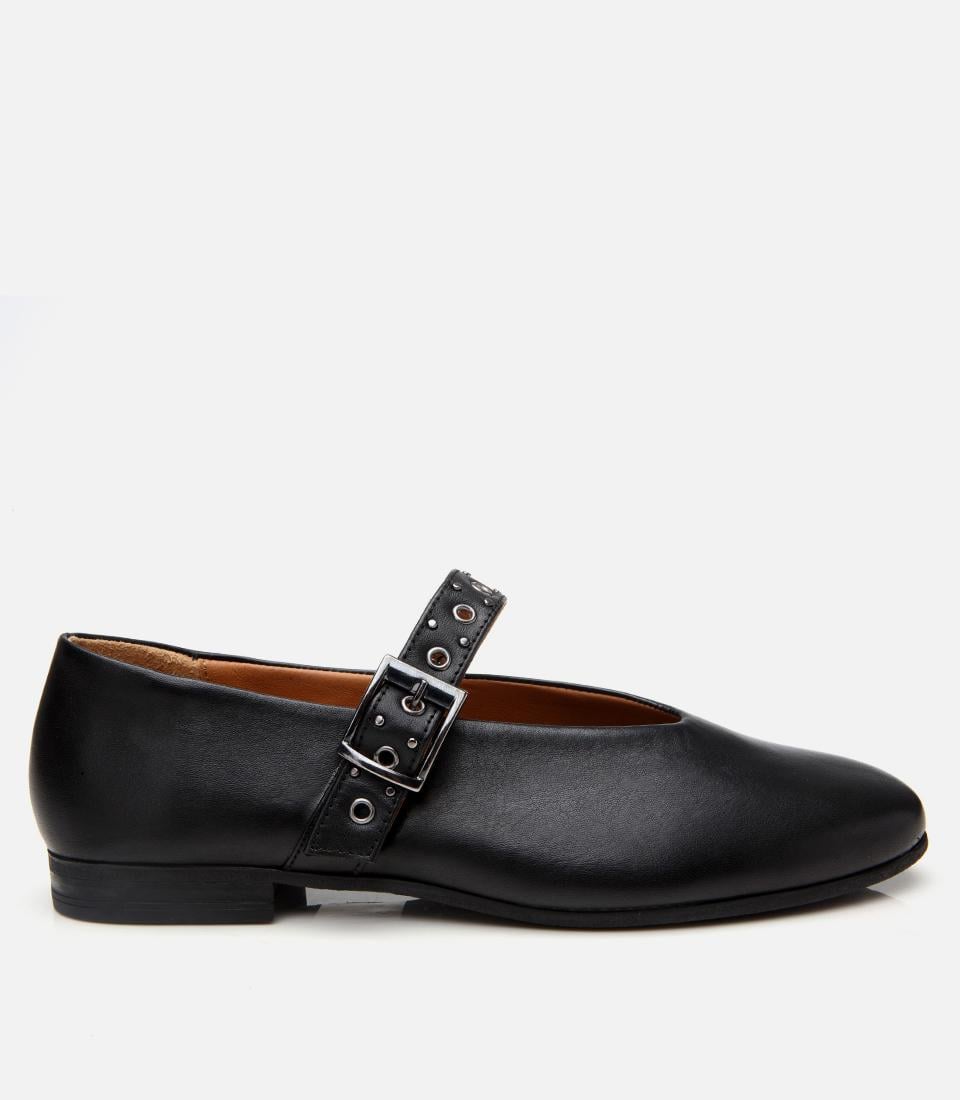 Kadın Deri Siyah Mary Jane Kemerli Babet