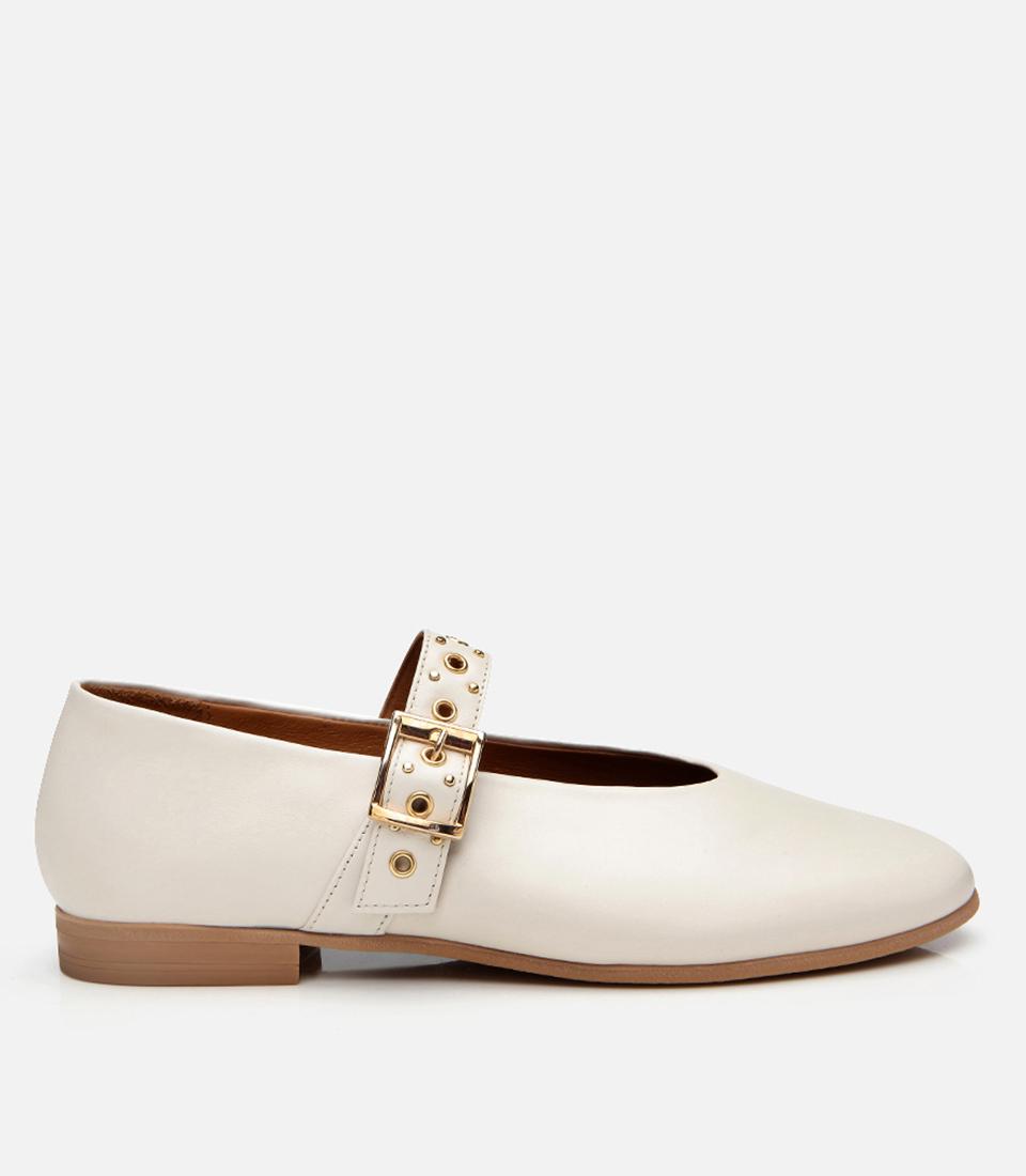Kadın Deri Ekru Mary Jane Kemerli Babet