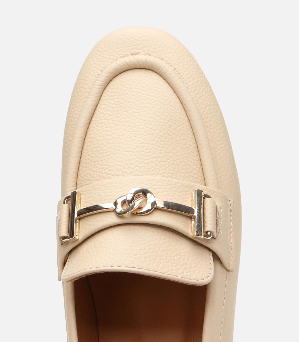 Kadın Deri Bej Tokalı Klasik Loafer