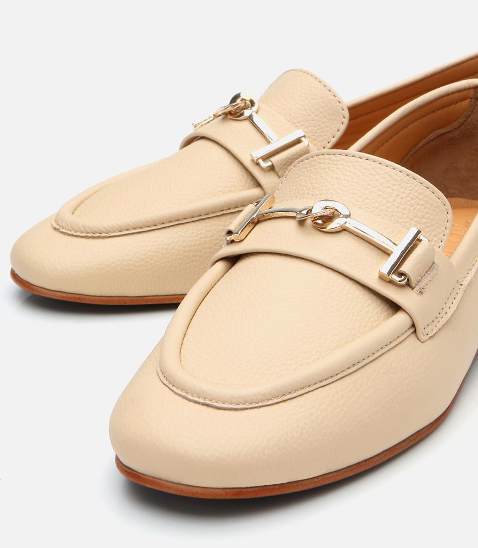 Kadın Deri Bej Tokalı Klasik Loafer