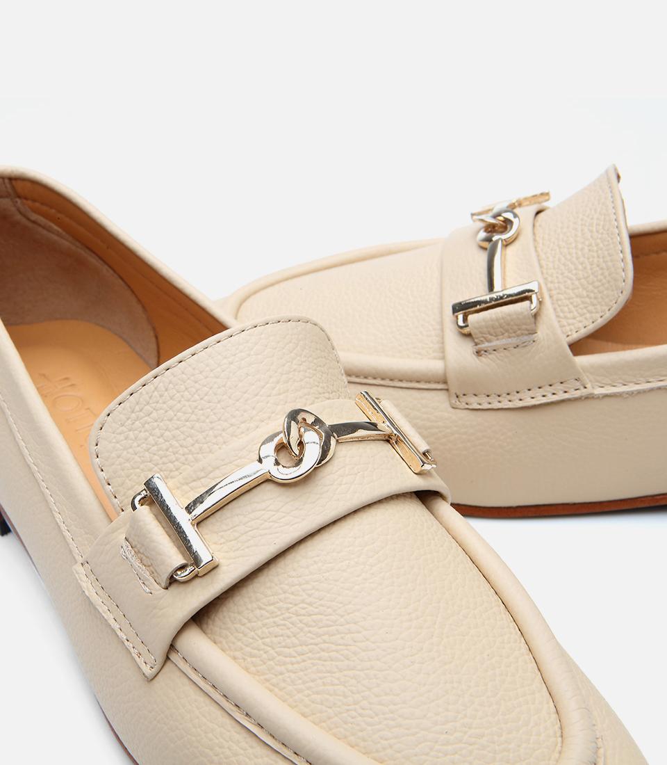 Kadın Deri Bej Tokalı Klasik Loafer