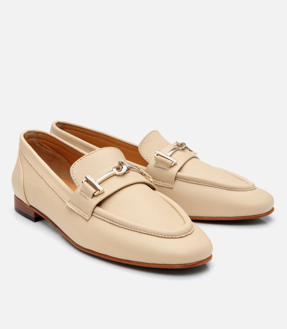 Kadın Deri Bej Tokalı Klasik Loafer