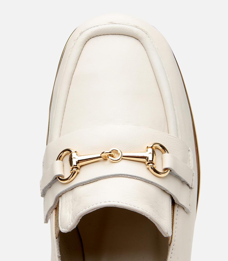 Kadın Deri Ekru Lastik Detaylı Tokalı Günlük Loafer