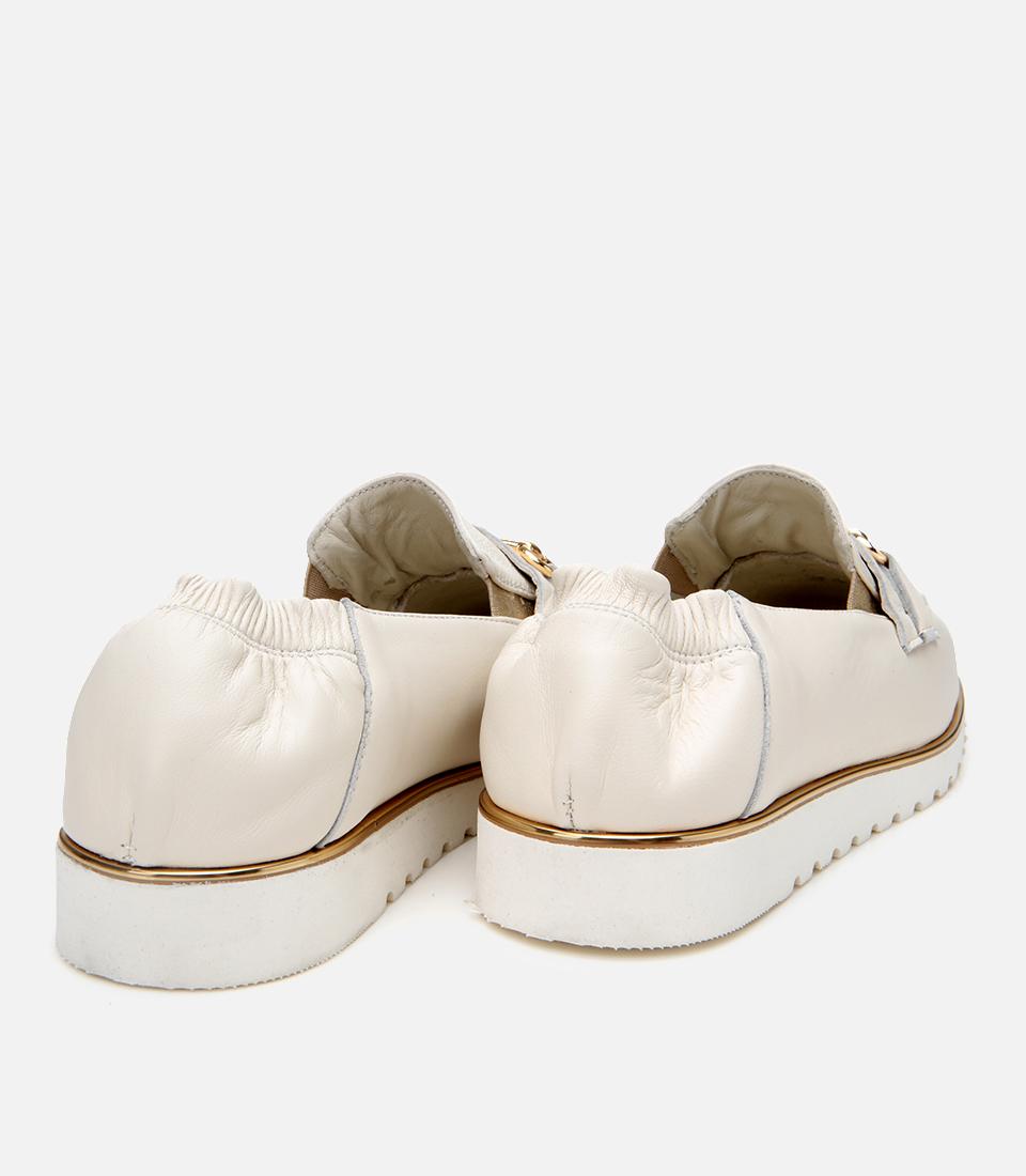 Kadın Deri Ekru Lastik Detaylı Tokalı Günlük Loafer