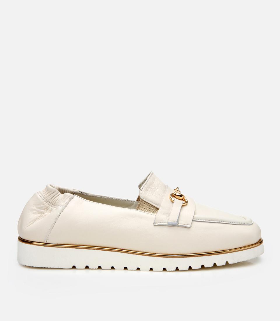 Kadın Deri Ekru Lastik Detaylı Tokalı Günlük Loafer