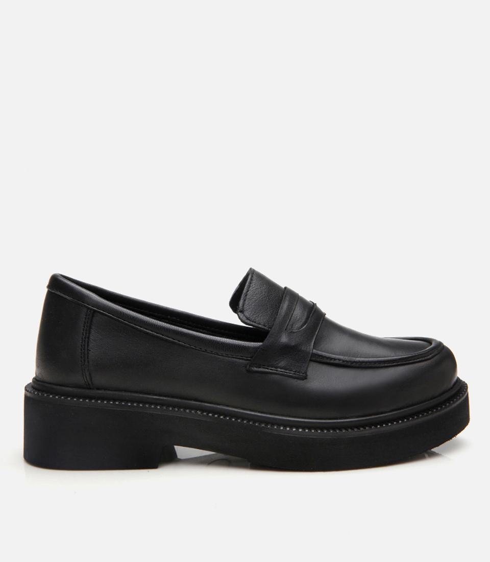 Kadın Deri Siyah Kalın Tabanlı Klasik Loafer