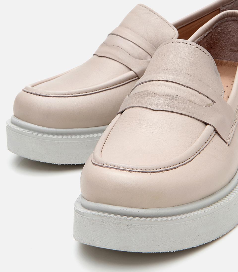 Kadın Deri Bej Kalın Tabanlı Klasik Loafer