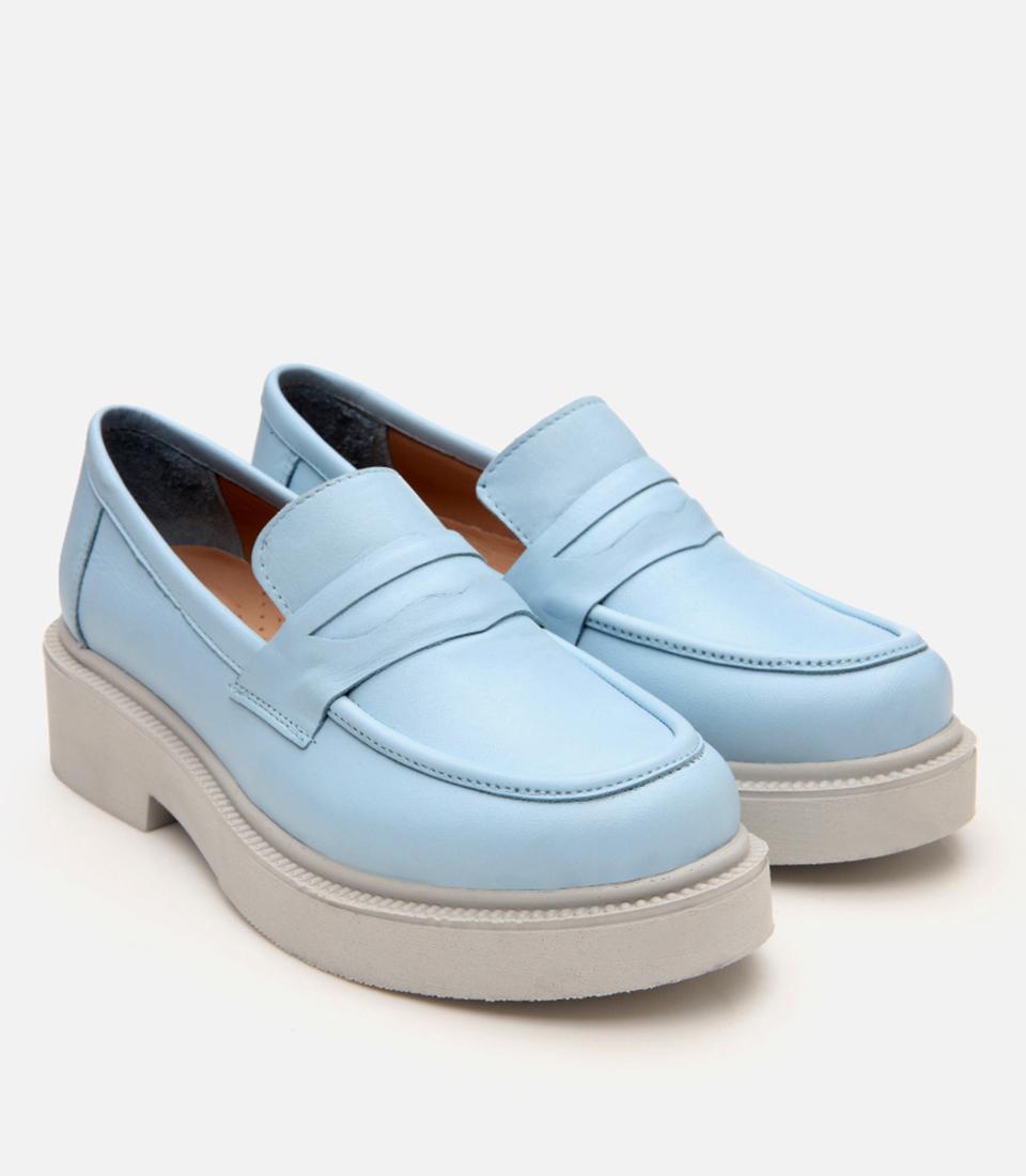 Kadın Deri Mavi Kalın Tabanlı Klasik Loafer