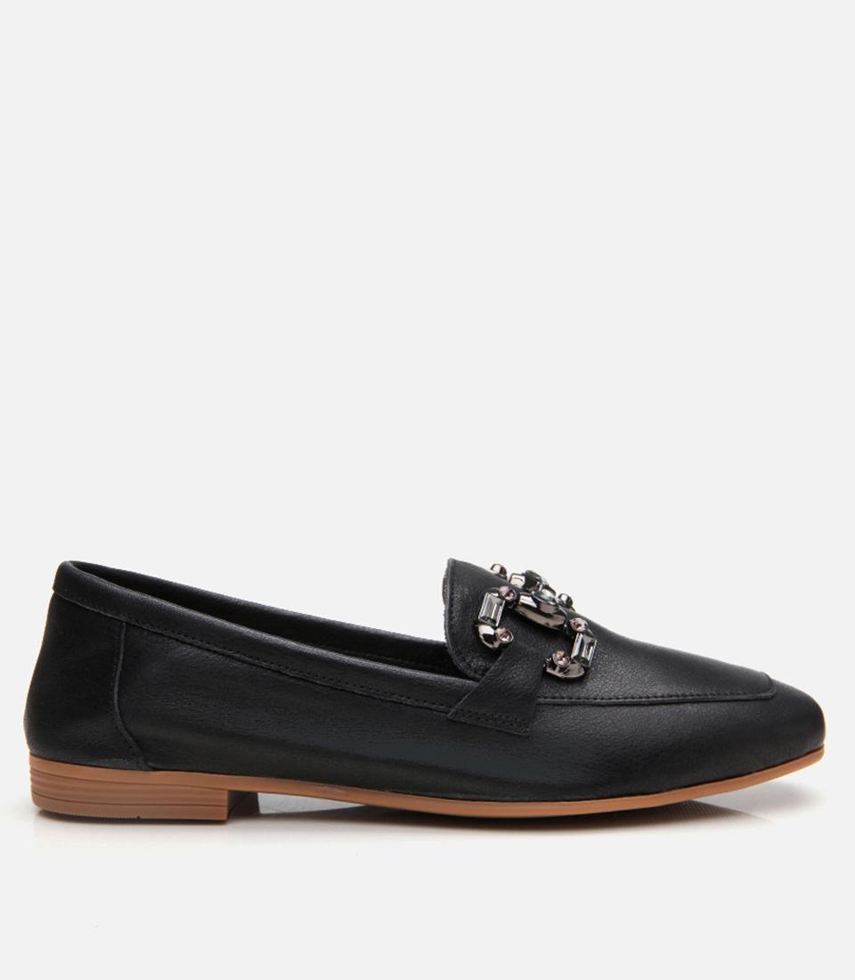 Kadın Deri Siyah Tokalı Klasik Loafer