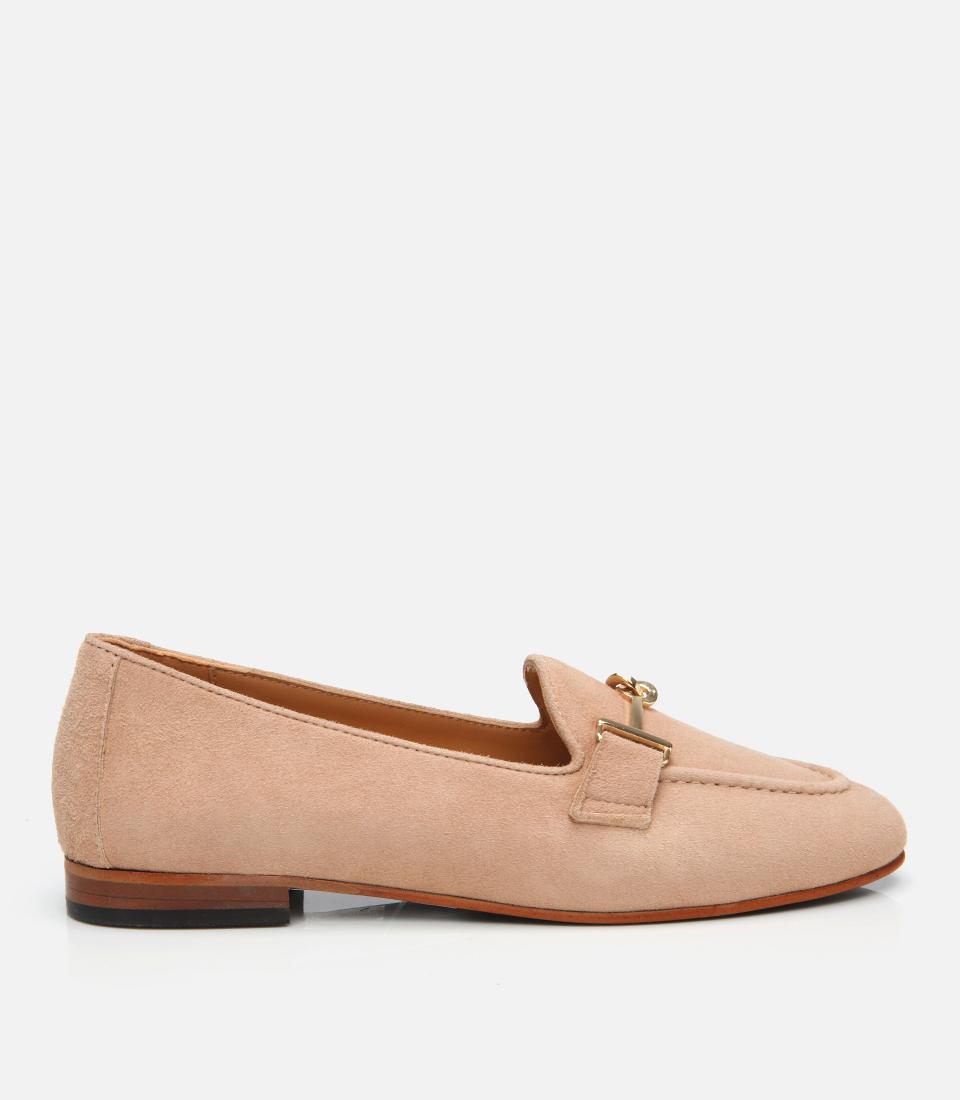 Kadın Süet Deri Bej Tokalı Klasik Loafer