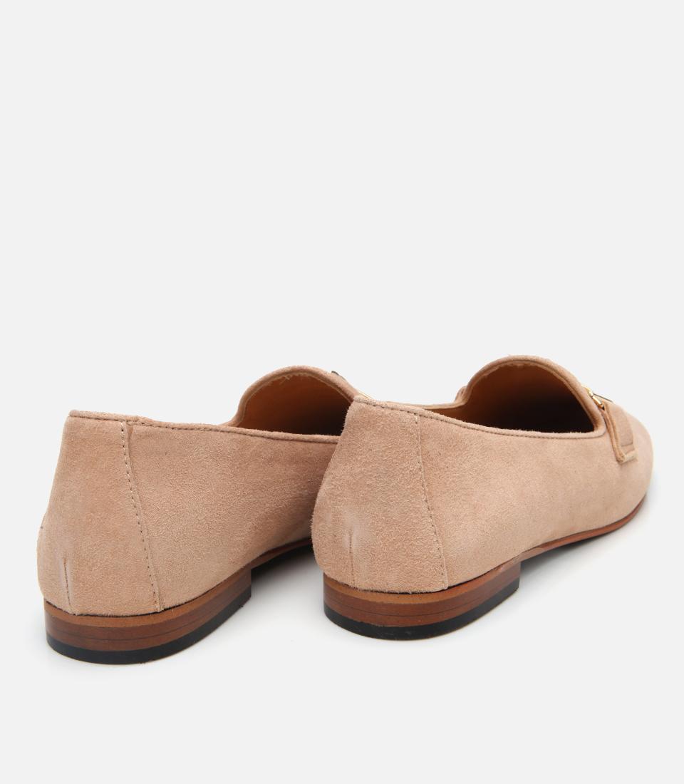 Kadın Süet Deri Bej Tokalı Klasik Loafer