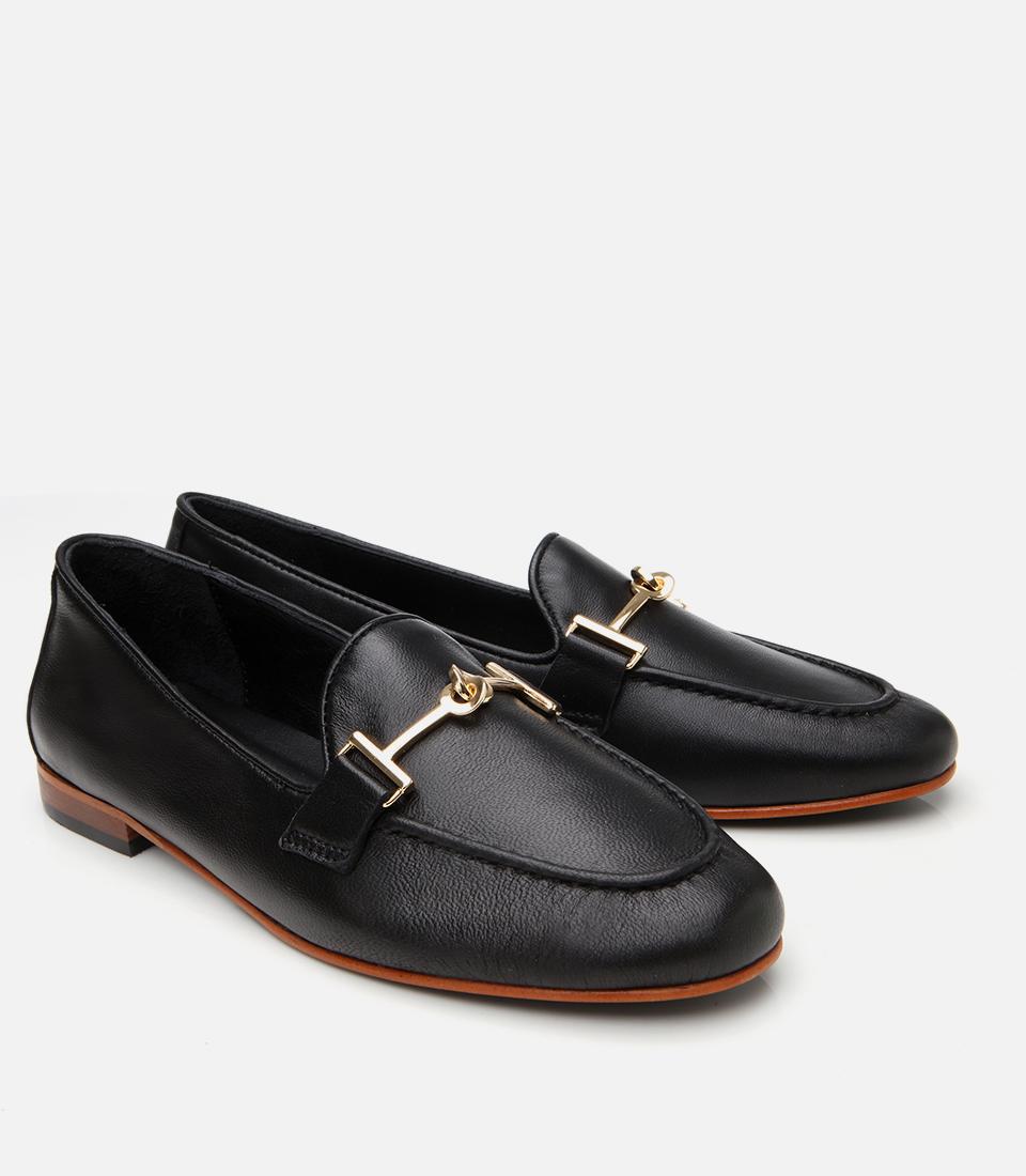 Kadın Deri Siyah Tokalı Klasik Loafer